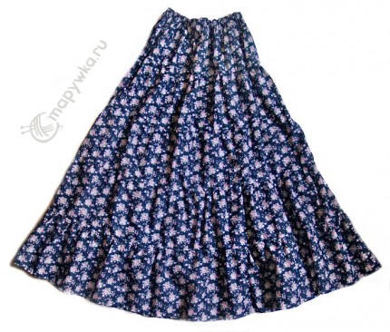 длинная многоярусная юбка с оборками синяя в цветочек